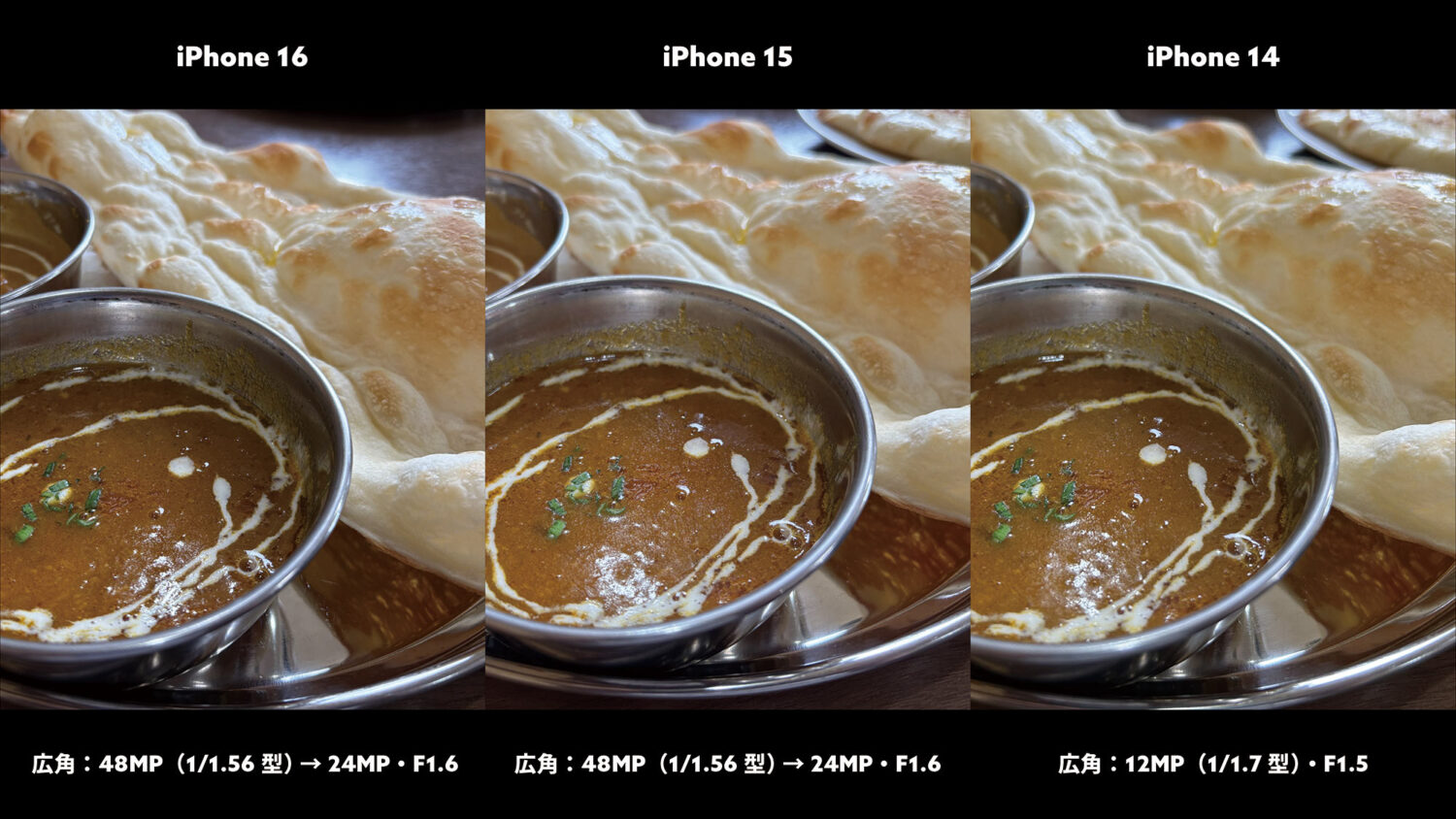 iPhone 16 / 15 / 14 広角カメラ カレーを比較